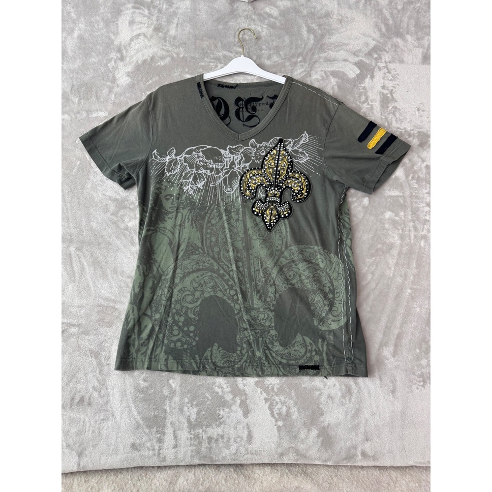 Rebel Spirit Mens Olive Green Fleur De Lis Rhinestone Embellished V-Neck Tee L